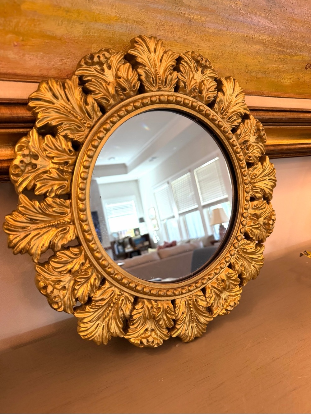 Vintage Gold Round Gilded Frame Wall Mirror Hollywood Regency Filigree